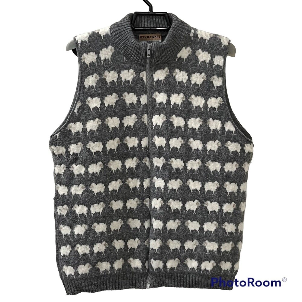 Woolcraft Womens Lambswool Blend Gray White Animal Print Vest New Zealand Sz LG